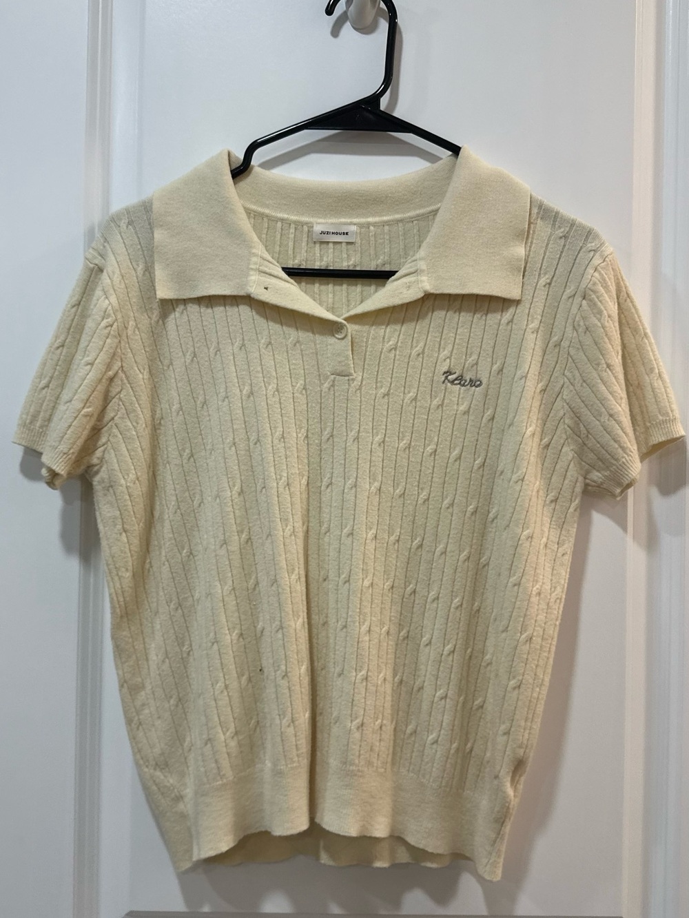 Knit Short-Sleeve Polo Sweater in Cream -